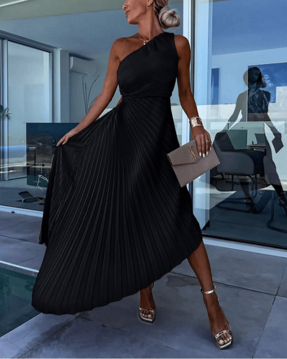 Ladies One Shoulder Maxi Dress with Pleated Skirt