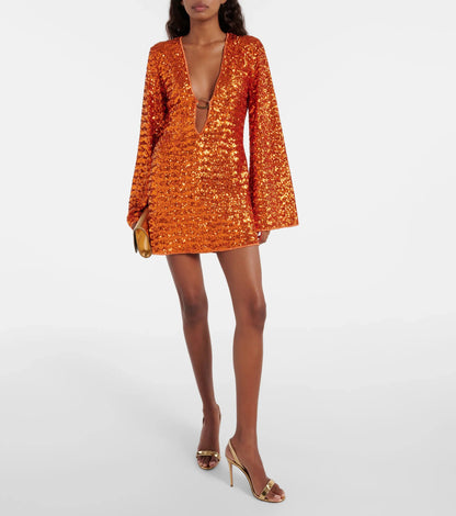 Ladies' Mini Dress with Sequins V-Neck and Wide Sleeves