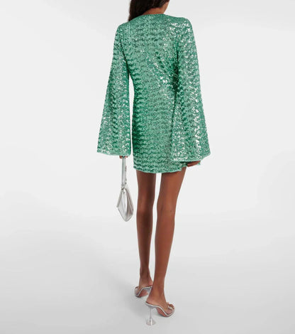 Ladies' Mini Dress with Sequins V-Neck and Wide Sleeves