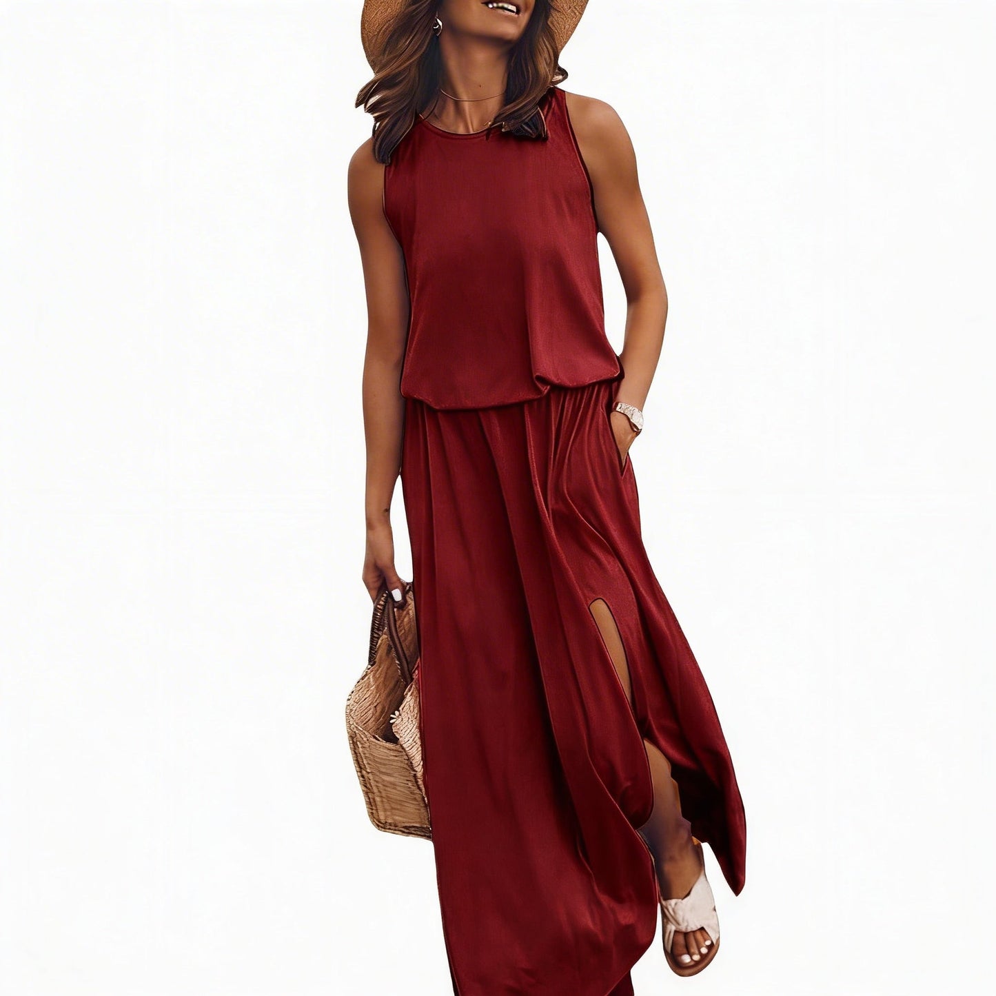 Ladies Sleeveless Maxi Dress with Round Neck and Split