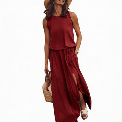 Ladies Sleeveless Maxi Dress with Round Neck and Split