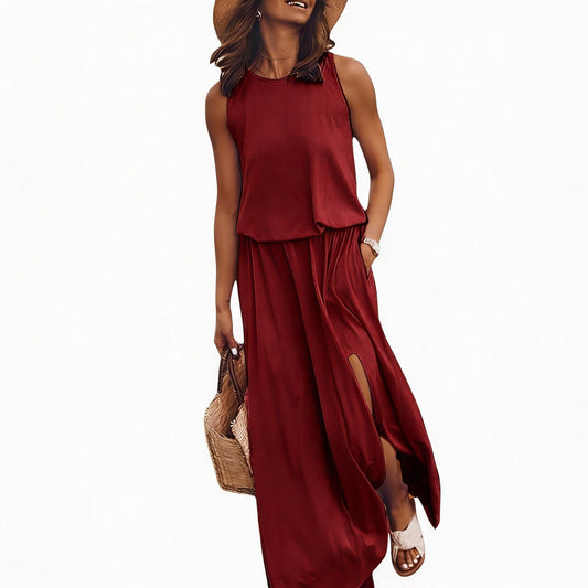 Ladies Sleeveless Maxi Dress with Round Neck and Split