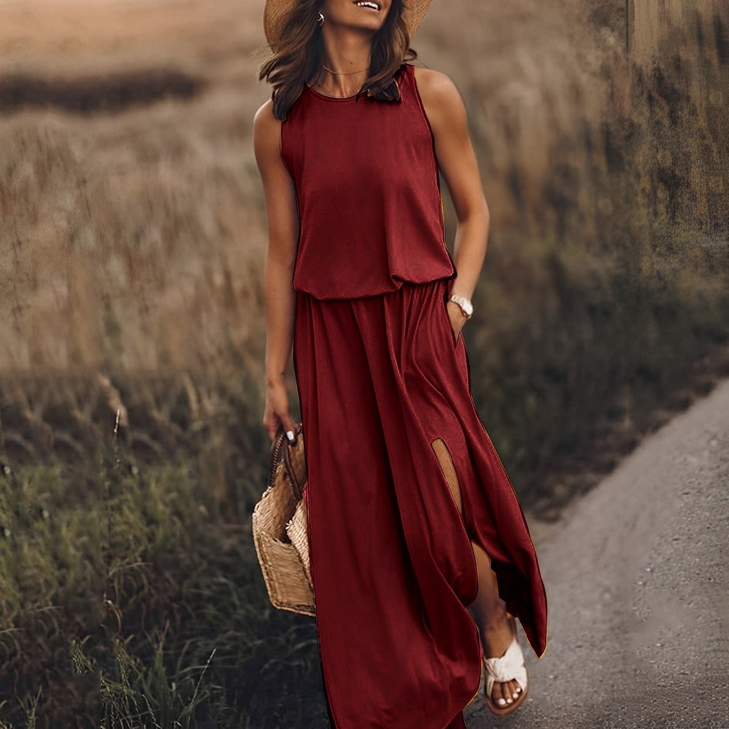 Ladies Sleeveless Maxi Dress with Round Neck and Split