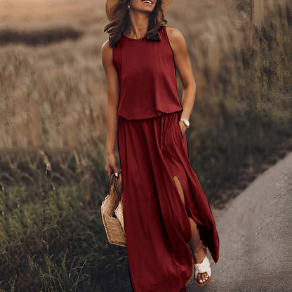 Ladies Sleeveless Maxi Dress with Round Neck and Split