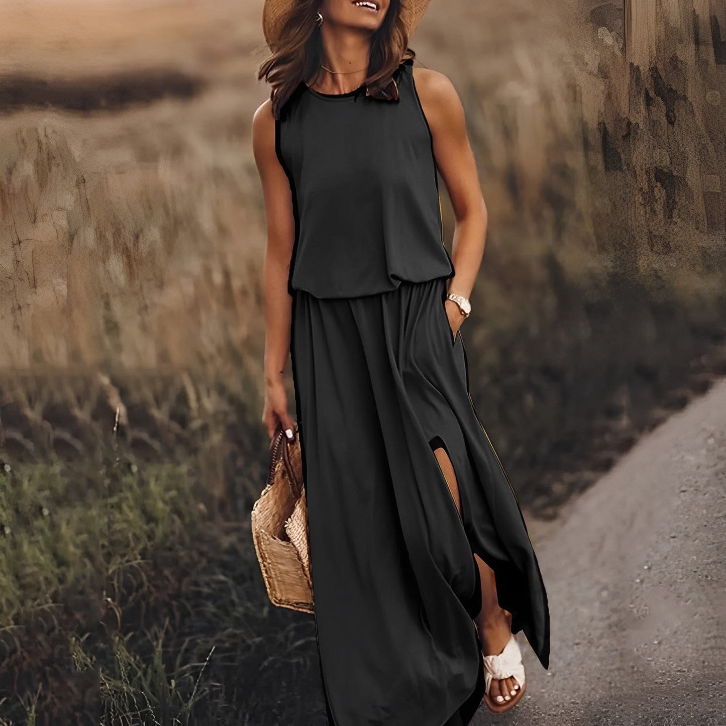 Ladies Sleeveless Maxi Dress with Round Neck and Split