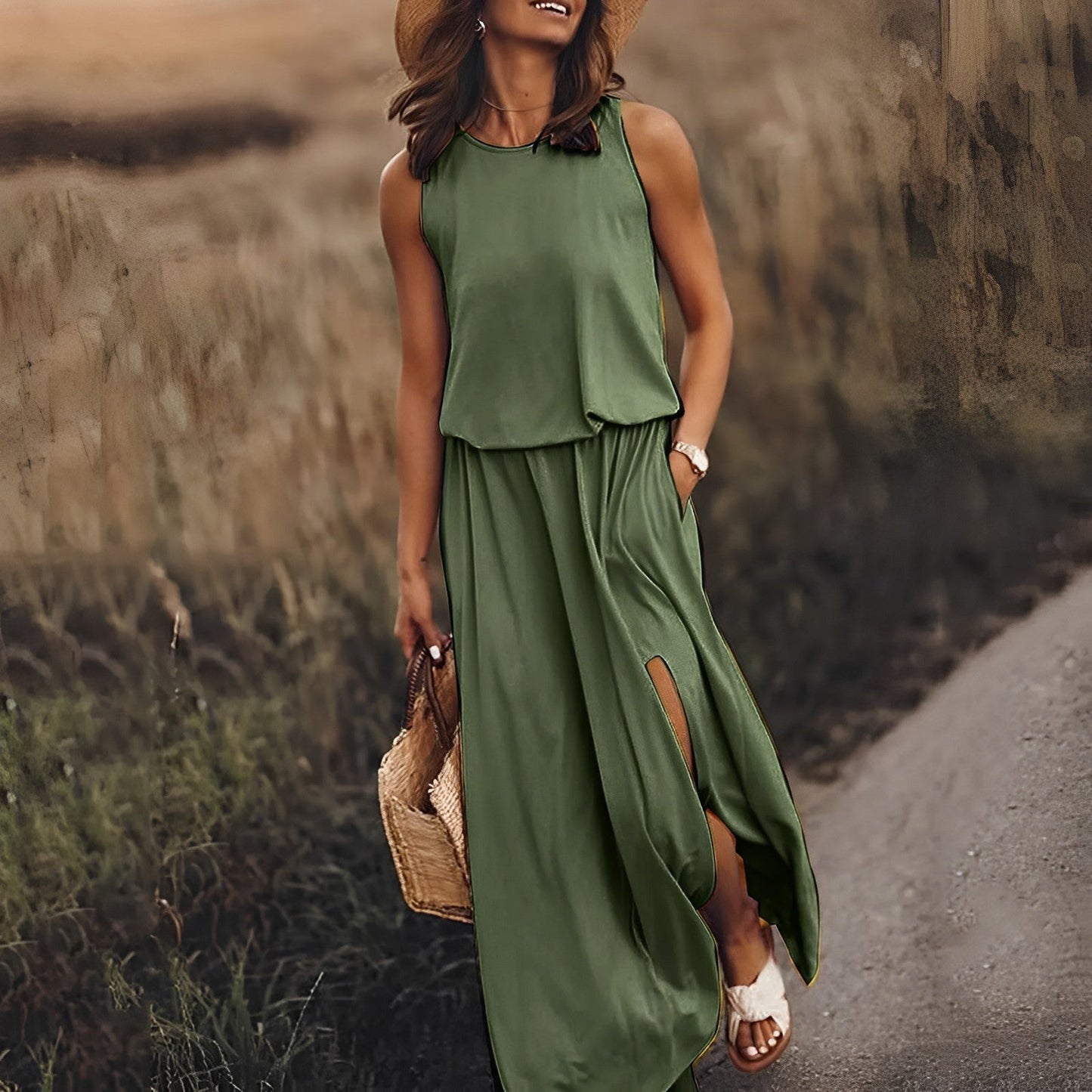Ladies Sleeveless Maxi Dress with Round Neck and Split