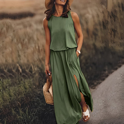 Ladies Sleeveless Maxi Dress with Round Neck and Split
