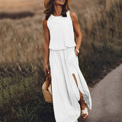 Ladies Sleeveless Maxi Dress with Round Neck and Split