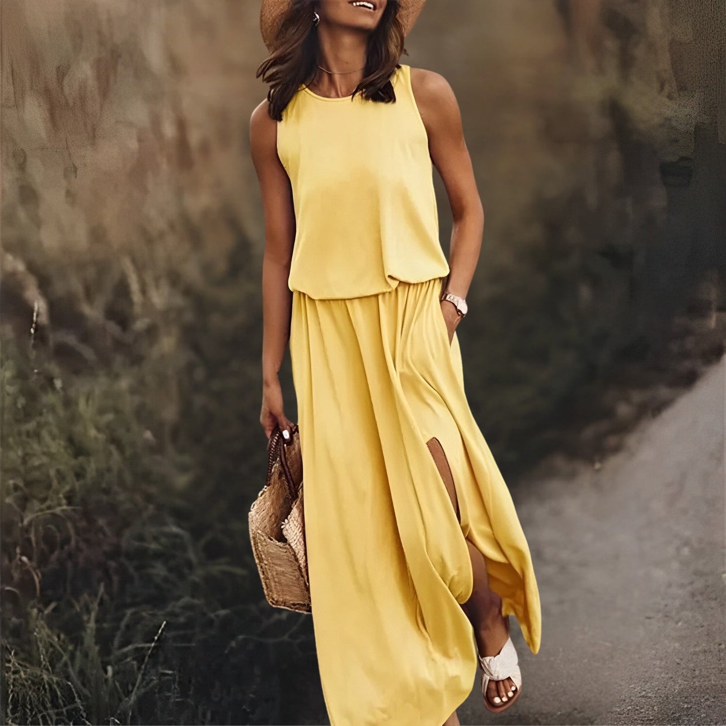 Ladies Sleeveless Maxi Dress with Round Neck and Split