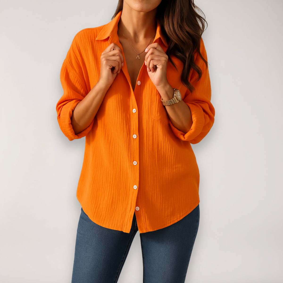 Ladies' Long Sleeve Shirt with Button Front and Roll-Up Sleeves