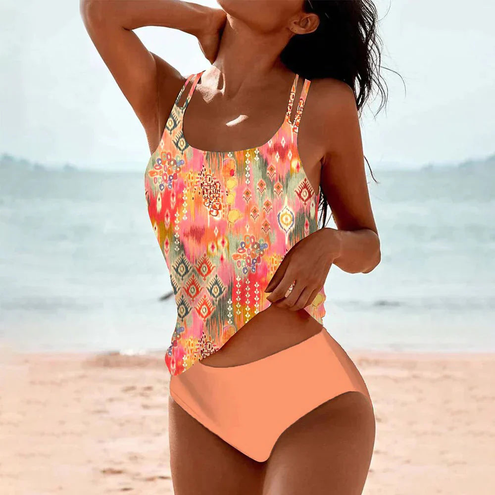 Ladies' Printed Tankini Set with High-Waisted Briefs