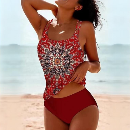 Ladies' Printed Tankini Set with High-Waisted Briefs