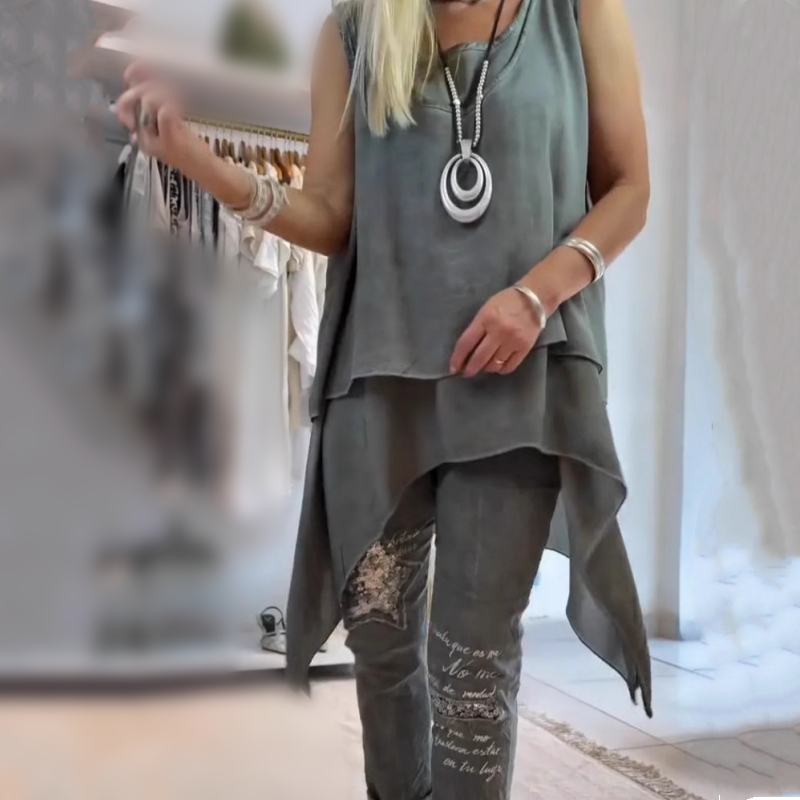 Ladies Two-Piece Set Sleeveless Top with Asymmetric Hem and Printed Trousers