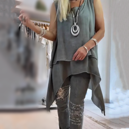 Ladies Two-Piece Set Sleeveless Top with Asymmetric Hem and Printed Trousers