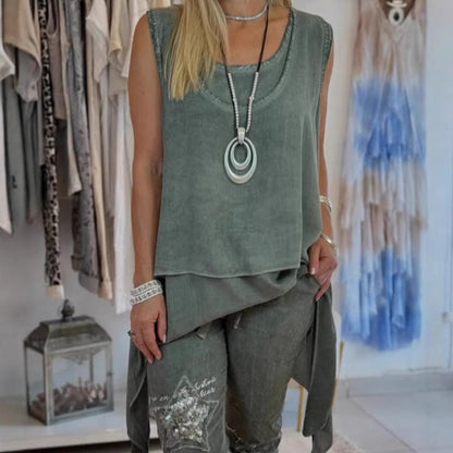 Ladies Two-Piece Set Sleeveless Top with Asymmetric Hem and Printed Trousers