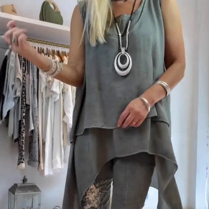 Ladies Two-Piece Set Sleeveless Top with Asymmetric Hem and Printed Trousers