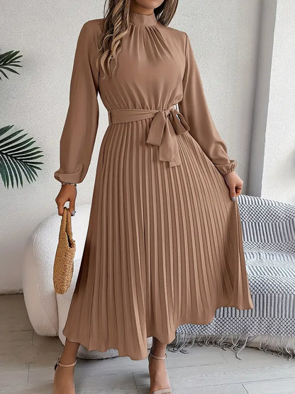 Elegant Women's Long-Sleeve Pleated Midi Dress with Adjustable Belted Waist