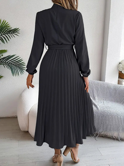 Elegant Women's Long-Sleeve Pleated Midi Dress with Adjustable Belted Waist