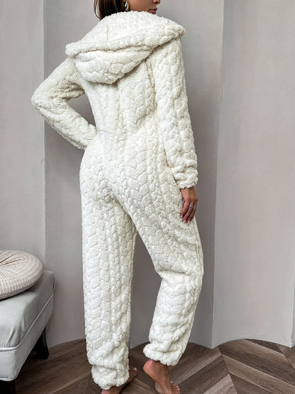 Cozy Women's White Hooded Onesie - Plush Quilted Zip-Up Jumpsuit for Ultimate Comfort