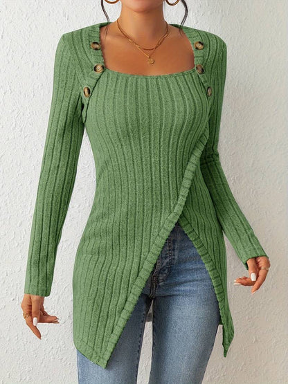 Catherine - Sweater with Square Neckline, Long Sleeves and Side Slits