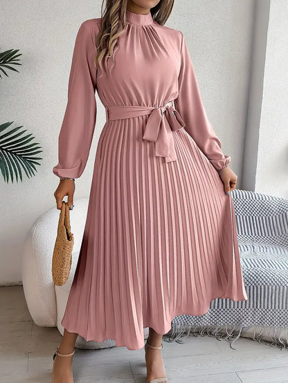Elegant Women's Long-Sleeve Pleated Midi Dress with Adjustable Belted Waist