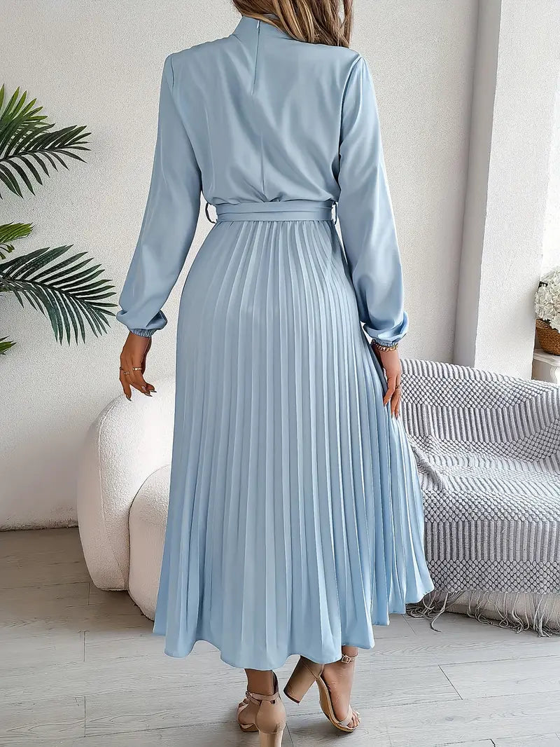 Elegant Women's Long-Sleeve Pleated Midi Dress with Adjustable Belted Waist