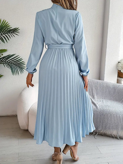 Elegant Women's Long-Sleeve Pleated Midi Dress with Adjustable Belted Waist