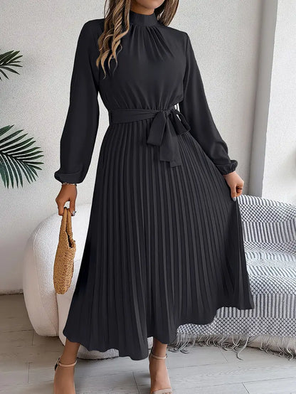Elegant Women's Long-Sleeve Pleated Midi Dress with Adjustable Belted Waist