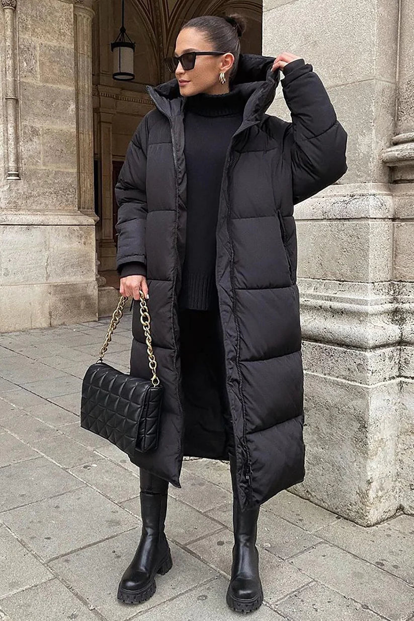 Women's High Neck Hooded Long Quilted Puffer Coat for Winter Warmth