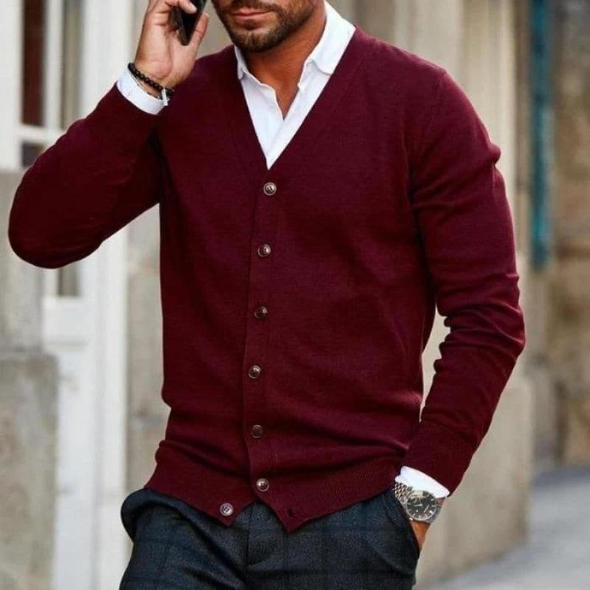 Men's Slim Fit Cardigan with Buttons and V-neck