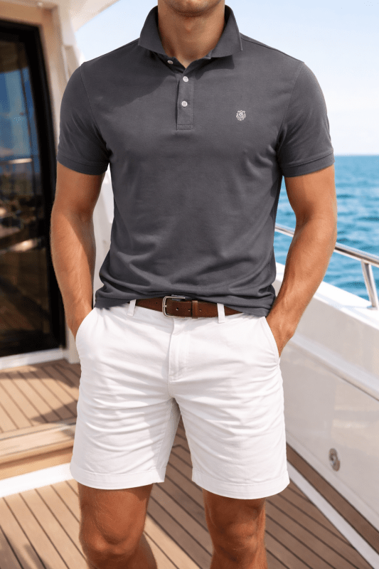 Men's Short Sleeve Polo with Contrast Collar and Emblem