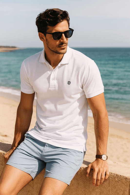 Men's Short Sleeve Polo with Contrast Collar and Emblem