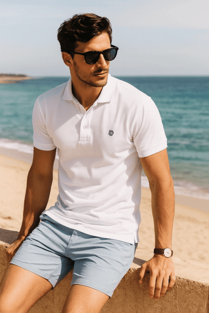 Men's Short Sleeve Polo with Contrast Collar and Emblem