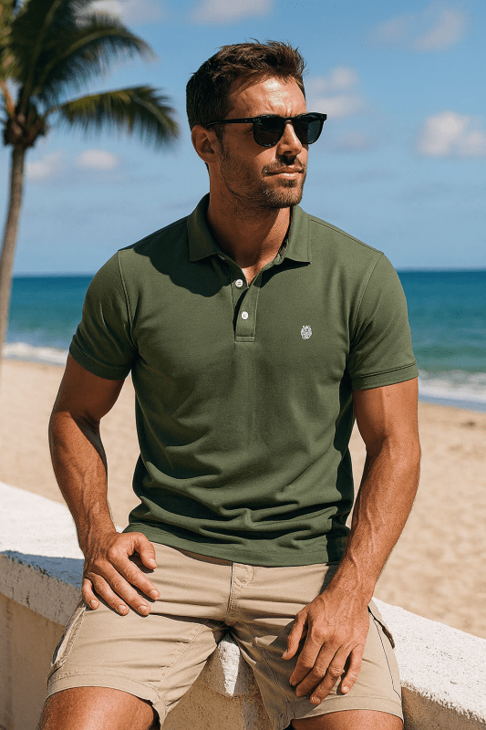 Men's Short Sleeve Polo with Contrast Collar and Emblem