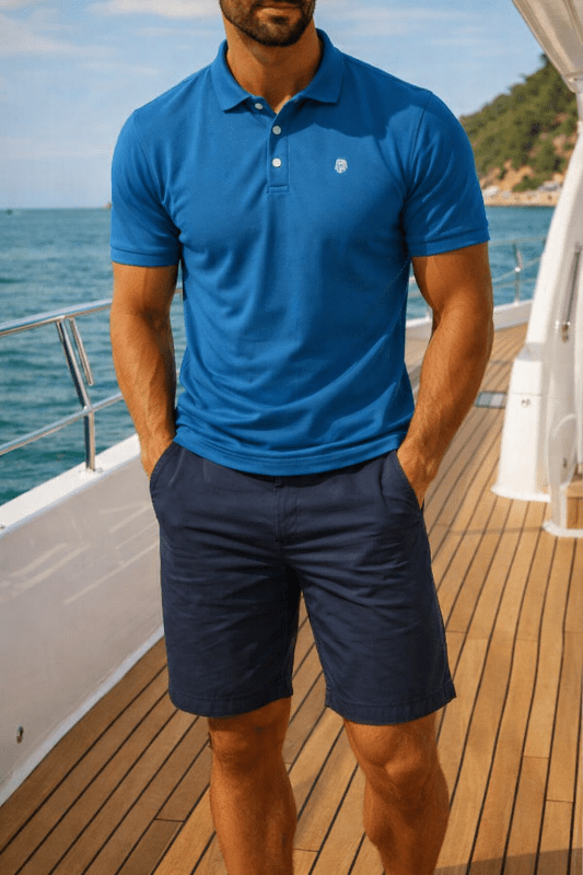 Men's Short Sleeve Polo with Contrast Collar and Emblem