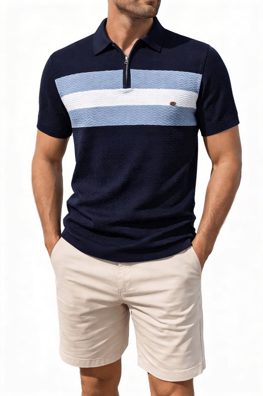 Men's Short Sleeve Polo with Zip Collar and Stripe Detail