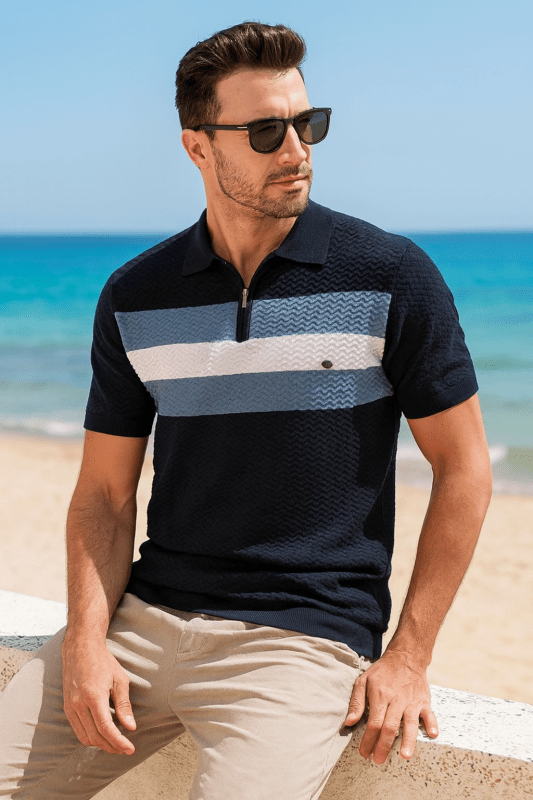 Men's Short Sleeve Polo with Zip Collar and Stripe Detail