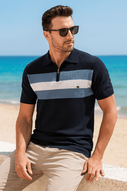 Men's Short Sleeve Polo with Zip Collar and Stripe Detail