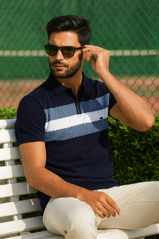 Men's Short Sleeve Polo with Zip Collar and Stripe Detail