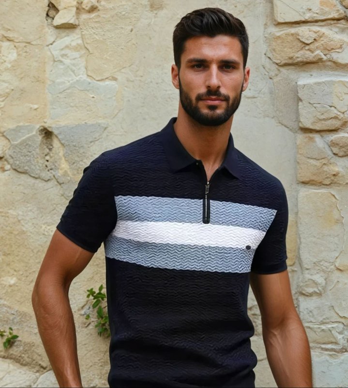 Men's Short Sleeve Polo with Zip Collar and Stripe Detail