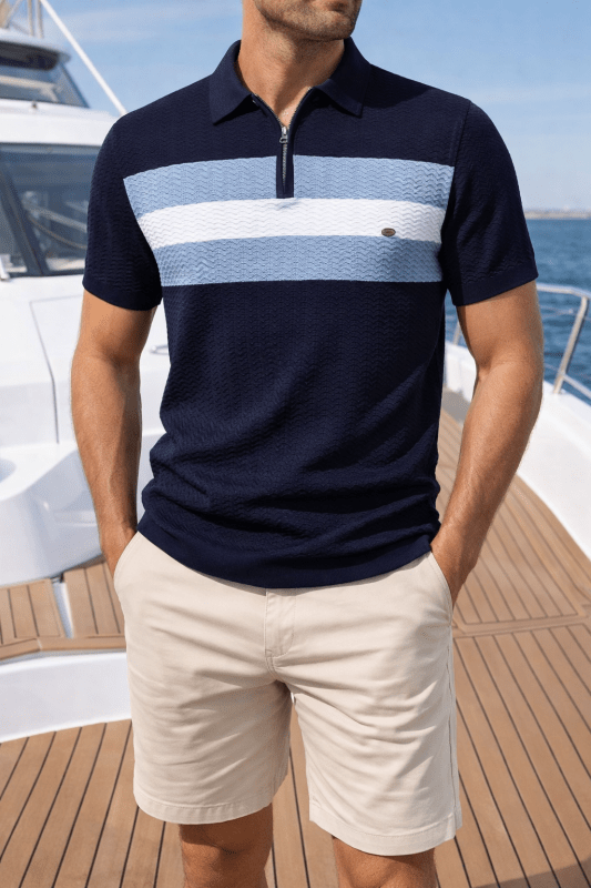 Men's Short Sleeve Polo with Zip Collar and Stripe Detail