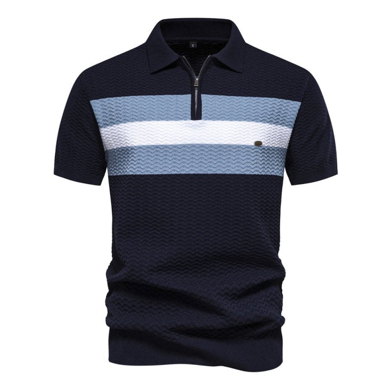 Men's Short Sleeve Polo with Zip Collar and Stripe Detail