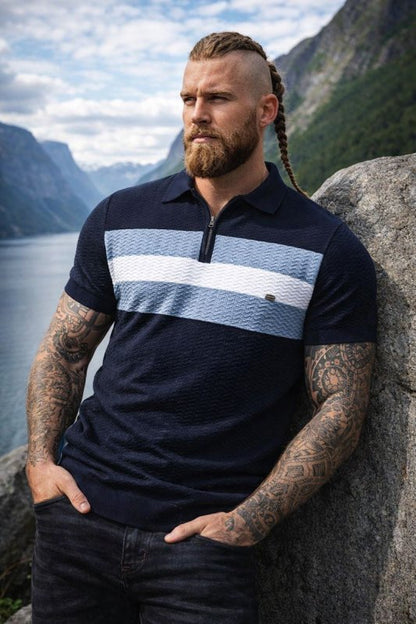 Men's Short Sleeve Polo with Zip Collar and Stripe Detail