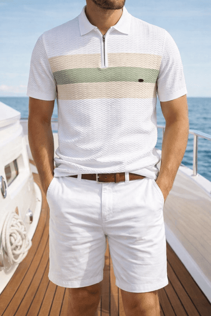 Men's Short Sleeve Polo with Zip Collar and Stripe Detail