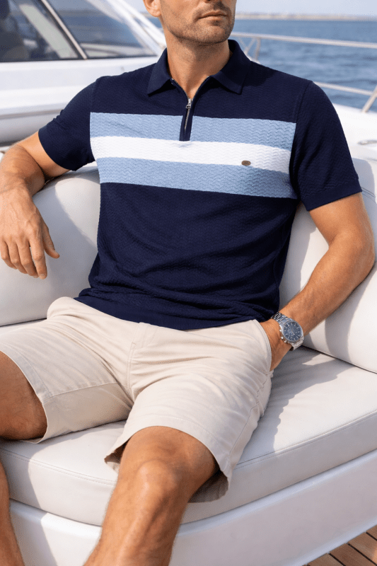 Men's Short Sleeve Polo with Zip Collar and Stripe Detail