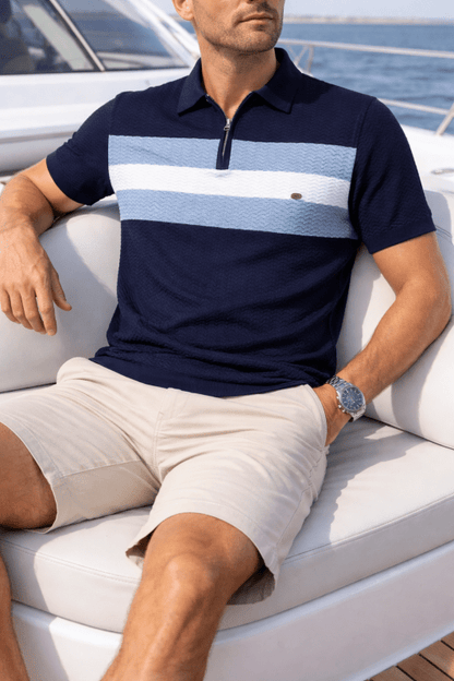 Men's Short Sleeve Polo with Zip Collar and Stripe Detail