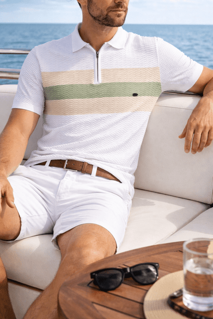 Men's Short Sleeve Polo with Zip Collar and Stripe Detail