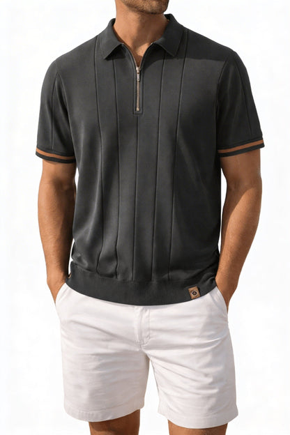 Men's Short Sleeve Polo with Zip Collar and Vertical Rib Pattern