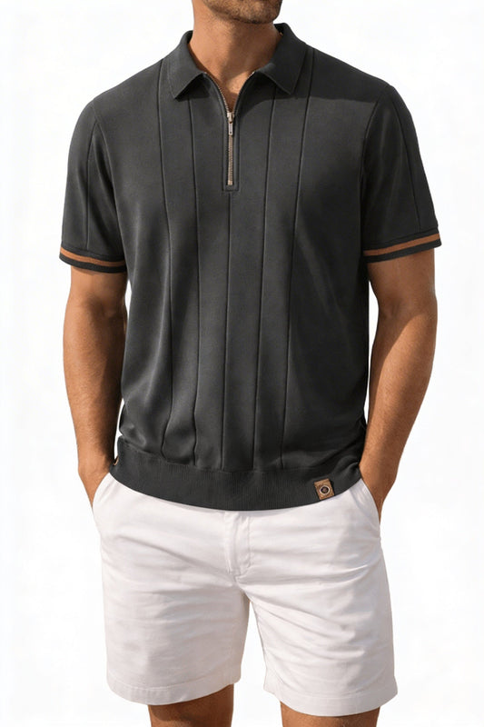 Men's Short Sleeve Polo with Zip Collar and Vertical Rib Pattern