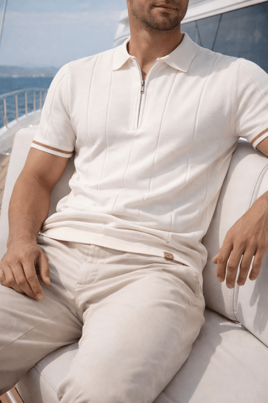 Men's Short Sleeve Polo with Zip Collar and Vertical Rib Pattern